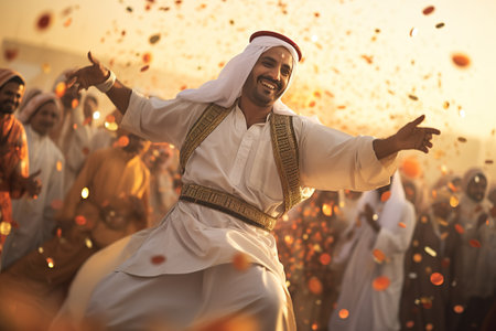 Traditional Emirati male dance Al Ayalah at Al Hosn festival. Emirates. high quality photoの素材