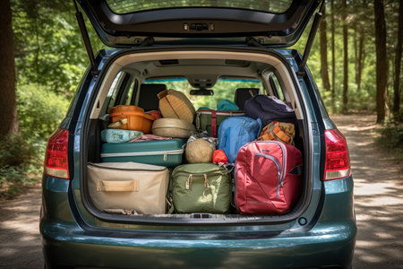 The trunk of a car full of suitcases and things. Travel by car. high quality photoの素材