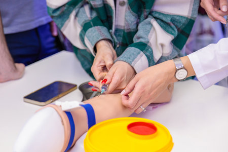 Training of blood sampling from a vein, on a model of a human hand.