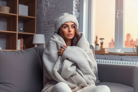 A woman in a blanket in a cold apartment. High quality photoの素材