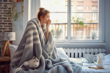 A woman in a blanket in a cold apartment. High quality photoの素材