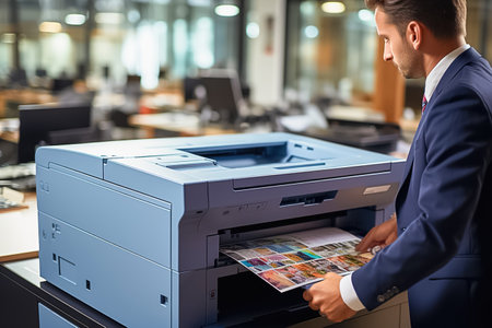 A man in a suit prints on an office printer. High quality photoの素材