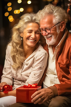 Happy aged couple with gifts for Christmas. High quality photoの素材