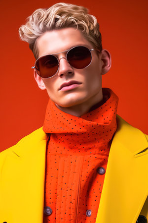 Stylish fashionable blond man wearing glasses and a yellow coat of famous brands. High quality photoの素材