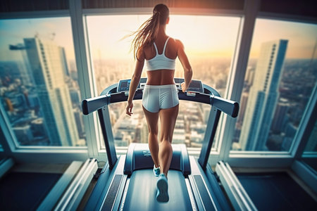 A woman runs on a treadmill in the gym. High quality photoの素材