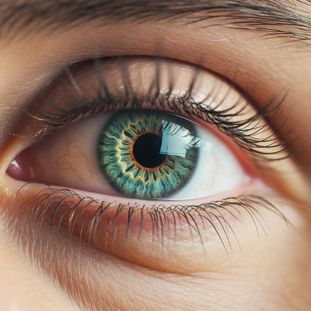Tired eyes with blood vessels close-up. High quality photoの素材