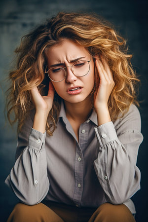 Upset woman supports her head with her hand. Poor health, grief, sadness. High quality photoの素材