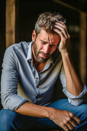 Upset man supports his head with his hand. Ill health, grief, sadness. High quality photoの素材