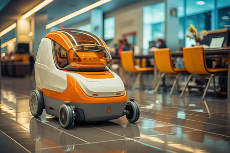 Modern fantastic robot machine for cleaning floors in shopping centers. High quality illustrationの素材