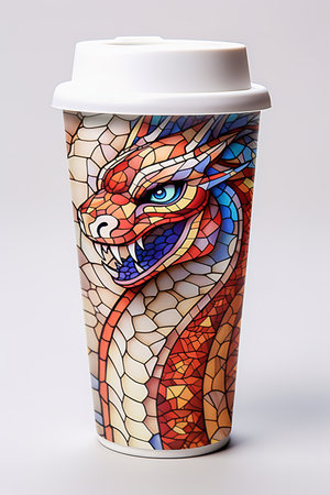 A paper coffee cup with an image of a dragon, the symbol of the year. High quality illustrationの素材