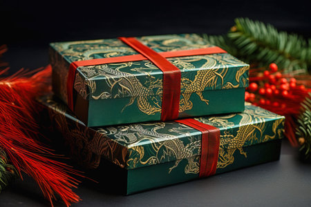 Green gift box with a dragon image. High quality photoの素材