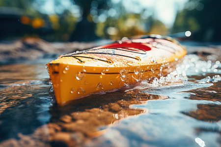 Empty yellow kayak on the river. High quality photoの素材