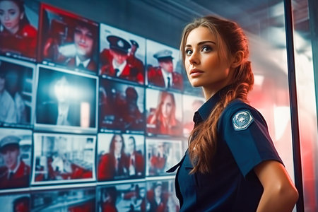 A uniformed female security guard in the security roomの素材