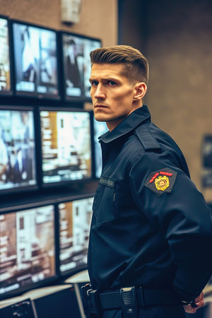 A uniformed male guard in the security roomの素材