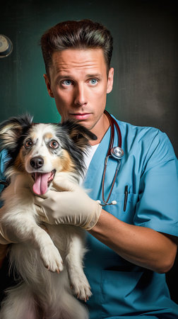 A male veterinarian examines a dog at the clinicの素材
