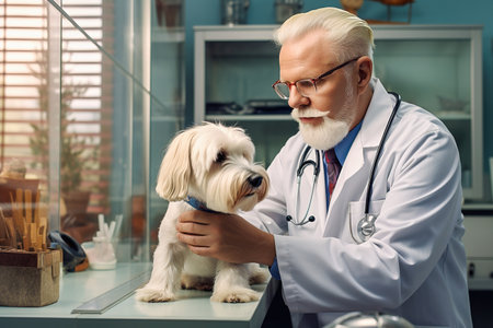 An adult male veterinarian examines a dog at a clinicの素材