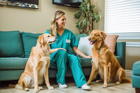 A happy female veterinarian examines the dogs in the roomの素材
