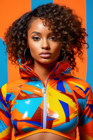 Portrait of a beautiful African American woman in a tracksuit. High quality photoの素材