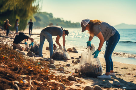 A group of people collects garbage on the sea coast. Concept, caring for the planet. High quality photoの素材
