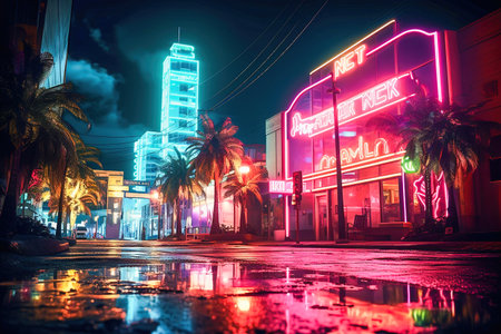 Neon signs and lights in an empty city at night. High quality photoの素材