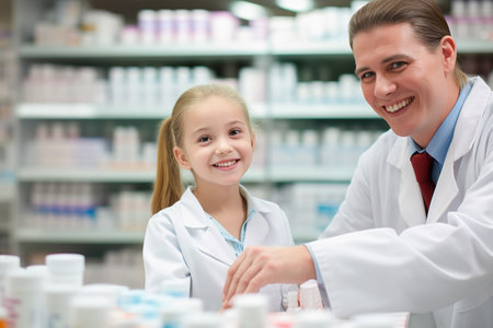 A male doctor gives a girl vitamin pills. The concept of childrens health.の素材