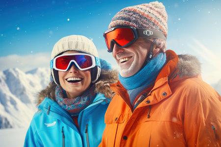 Portrait of a happy middle-aged couple wearing ski goggles. Concept of winter vacation in the mountains.の素材