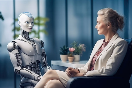 Interview with a futuristic robot in a modern office. The concept of the technical breakthrough of artificial intelligence.の素材