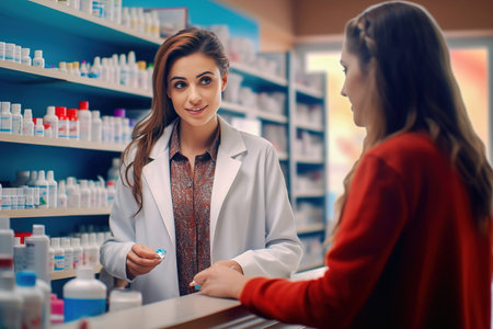 A woman buys medicine at a pharmacy.の素材