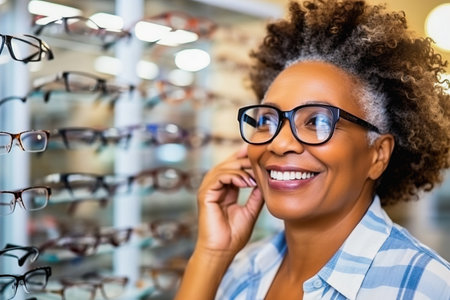 A happy elderly woman chooses glasses in a storeの素材