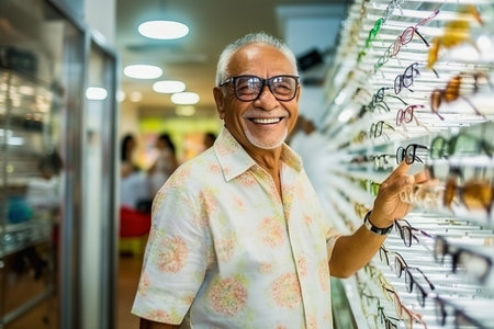 Portrait of a happy elderly man picking up eyeglasses in a storeの素材