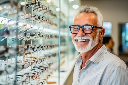 Portrait of a happy elderly man picking up eyeglasses in a storeの素材