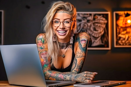 The girl with the tattoo is working on a laptopの素材