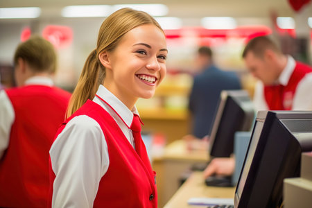 Portrait of a happy girl cashier in a big store.の素材