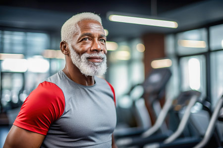 An old African American man goes in for sports with a gym. Healthy lifestyle. High quality photoの素材