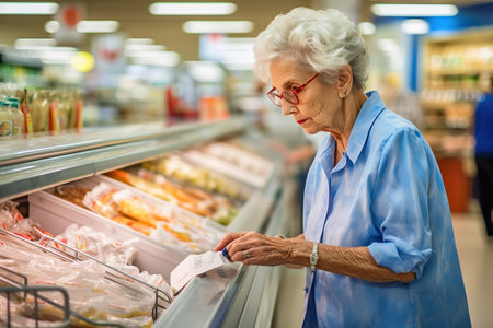 An adult, well-groomed woman chooses a product in a store and looks at the price tag. High quality photoの素材
