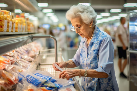 An adult, well-groomed woman chooses a product in a store and looks at the price tag. High quality photoの素材