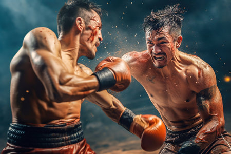 Two angry athletes box in the ring at a boxing competition. High quality photoの素材