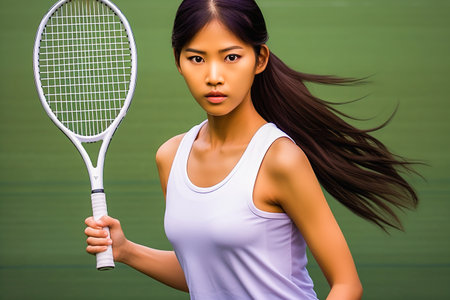 Portrait of a sportswoman with a tennis racket in a game on the court.の素材
