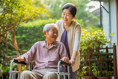 An adult woman takes care of a man in a wheelchair. Asian ethnicity. High quality photoの素材