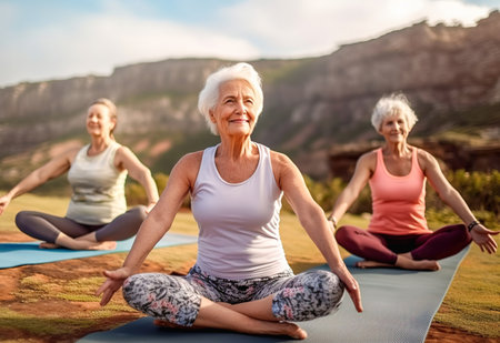 A group of older women doing yoga in the park. High quality photoの素材