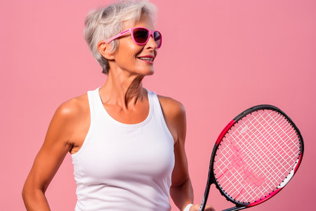 Gray-haired woman with a tennis racket on a pink background. High quality photoの素材