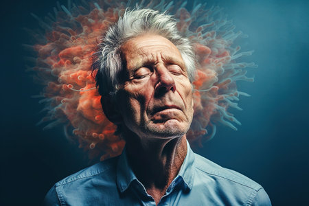 An old gray-haired man has hallucinations, headaches, warning signs of a stroke. High quality illustrationの素材