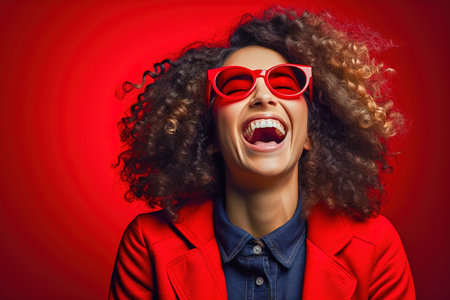 A vivacious girl in a movie theater watching a movie. High quality photoの素材