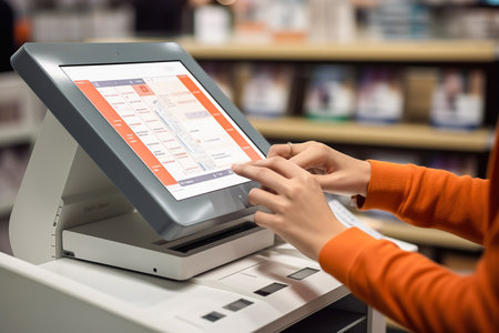 Female hands of a salesperson on a cash register in a store. Making a purchase. High quality photoの素材