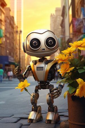 Little robot with a flower in a big city. Greening the planet concept. High quality illustrationの素材
