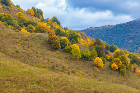 Warm autumn in the mountains covered with bright autumn trees. Colorful landscapeの写真素材