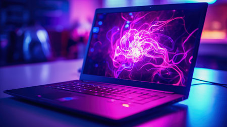 Neurons on a laptop screen in a purple neon room. The concept of artificial intelligence development. High quality photoの素材
