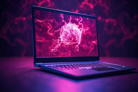 Neurons on a laptop screen in a purple neon room. The concept of artificial intelligence development. High quality photoの素材