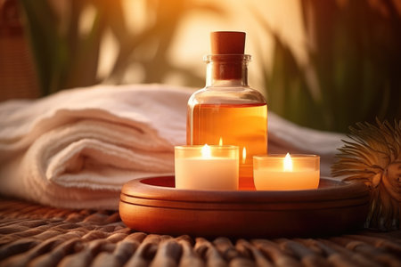 Bottle of essential oils or scented candles for relaxation.の素材