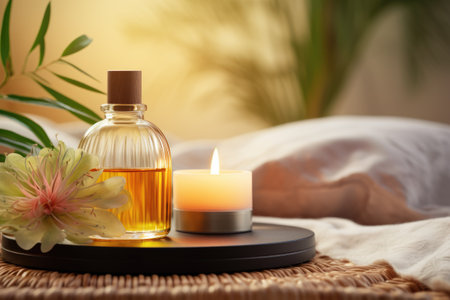 Bottle of essential oils or scented candles for relaxation.の素材